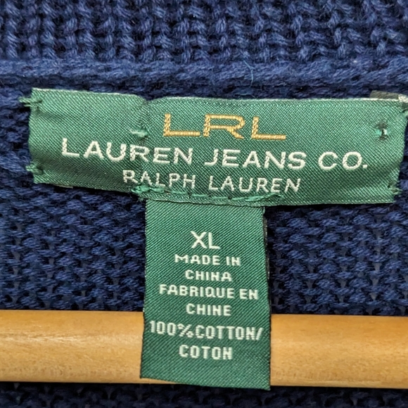 Lauren Ralph Lauren Navy Shawl Collar Elbow Shoulder Patch Gold Button Cardigan - Picture 6 of 13